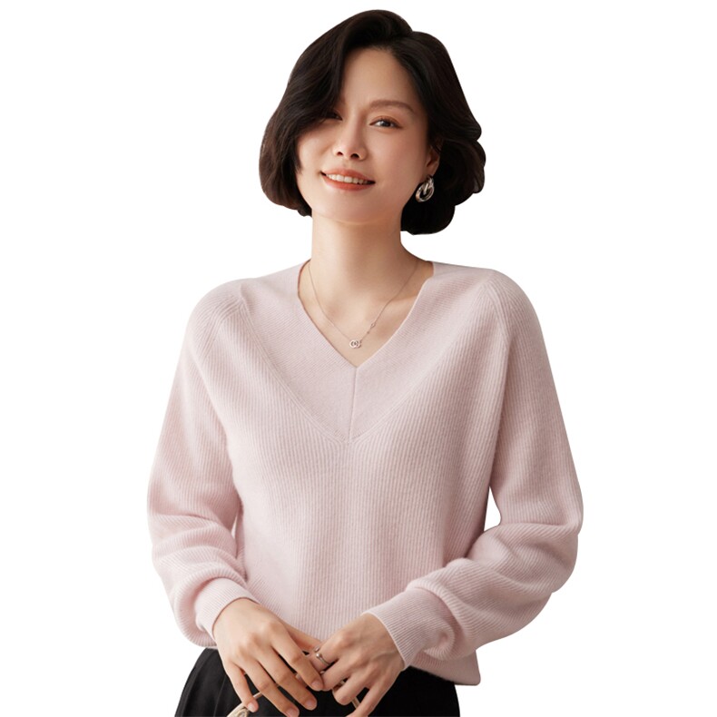 秋冬新款洋气时尚百搭显瘦女款V领35%山羊绒衫,女装羊绒衫,艾巧羊绒