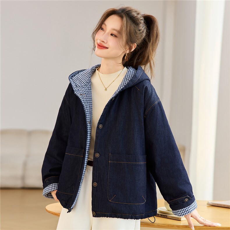 叶笙衣82591牛仔里布格子加棉外套，女装棉衣/棉服，叶笙衣