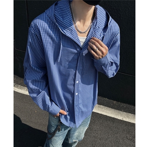 25夏季慵懒连帽休闲宽松弯刀袖薄防晒衣格纹连帽衬衫男 H1072 P68图片
