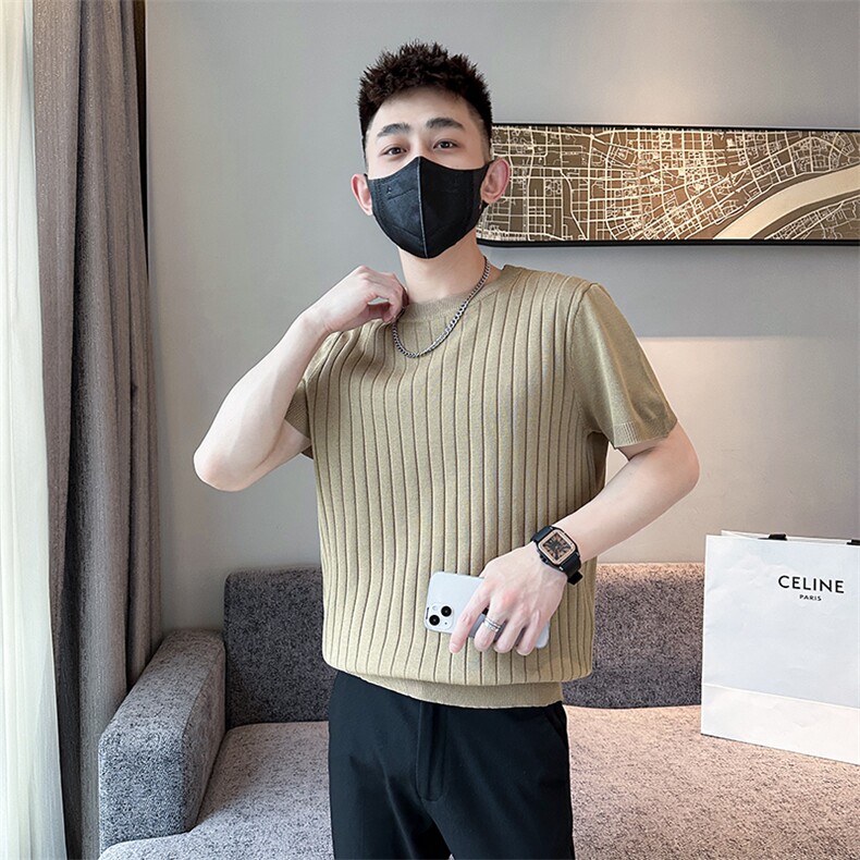 2026夏季短袖T恤圆领针织坑条上衣纯色冰丝休闲上衣T0268-P50,男装T恤,电商D342