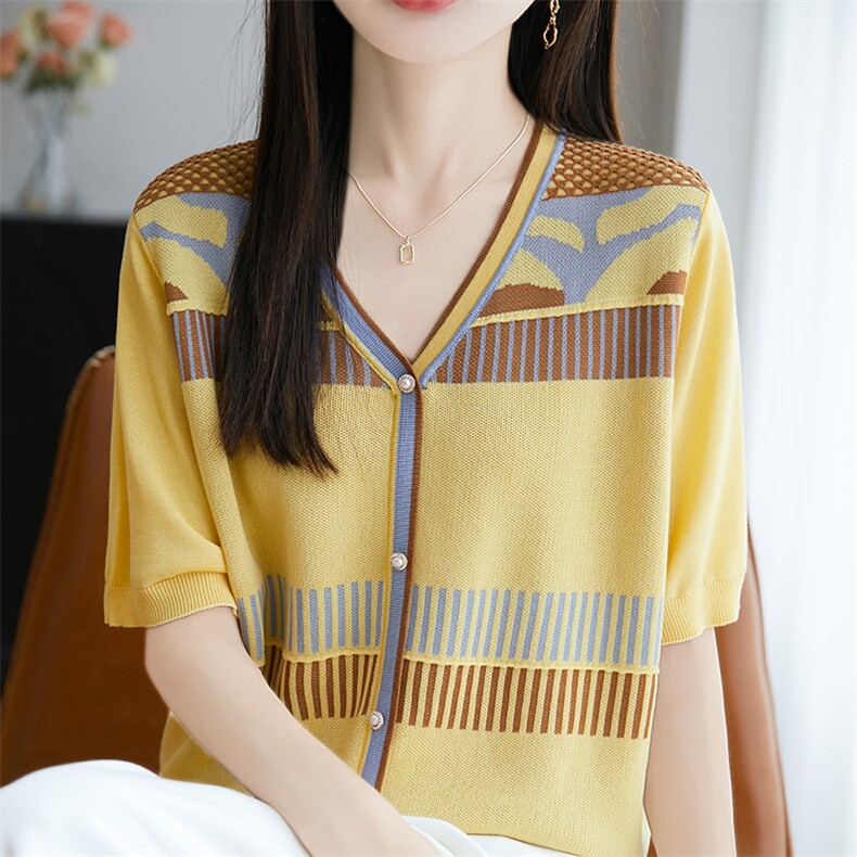 洋气妈妈撞色V领针织小衫中年女装早秋短袖上衣中老年薄款条纹T恤,针织衫/毛衣,郡淞羊绒