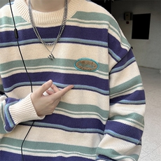 秋季宽松百搭针织衫日系复古潮牌撞色条纹毛衣上衣男M1010-P45，男装针织衫/毛衣，星座512-2