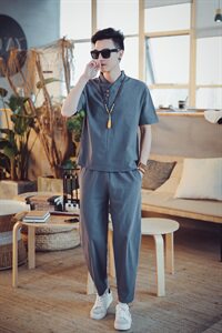 DY15* 2021春秋季男国风长袖T恤套装阔腿裤宽松男 灰蓝全身 *P70图片