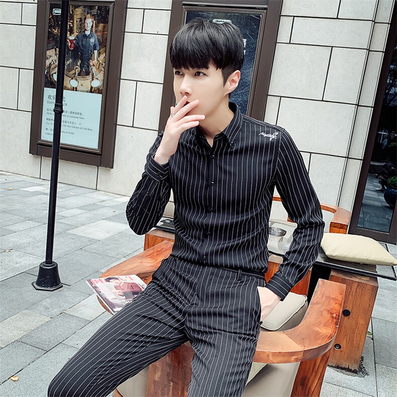 秋季网红款韩版修身条纹长袖衬衫九分裤两件套A470-LJT108,男装衬衫,电商A207