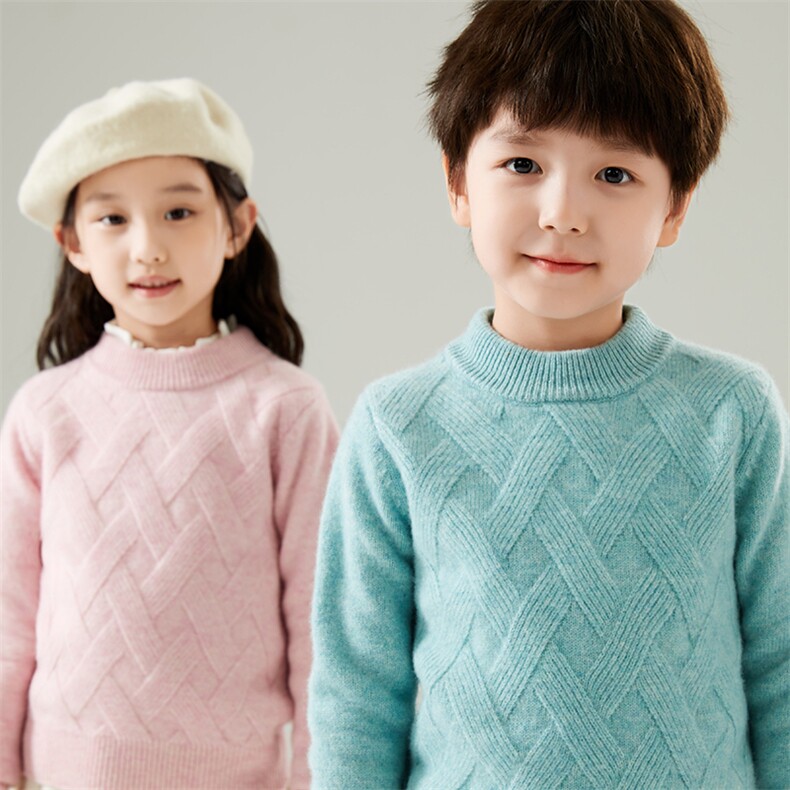 儿童冬季加厚羊毛衫半高领男女童毛衣套头菱形格针织打底上衣，童装毛衣，初丹羊绒童装
