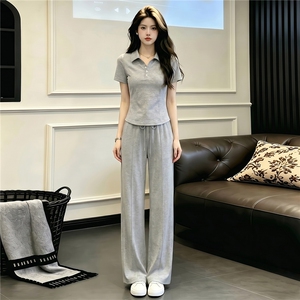 高级感休闲运动时尚套装女夏季翻领纽扣短袖上衣宽松阔腿裤两件套图片
