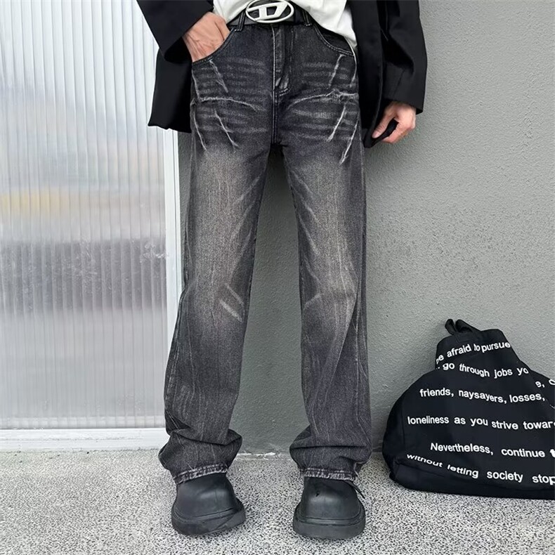 新款男生裤子水洗高街宽松直筒裤男士闪电裂纹牛仔裤子 N199图片
