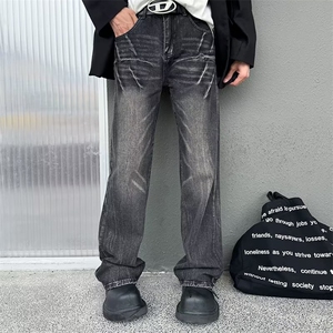 新款男生裤子水洗高街宽松直筒裤男士闪电裂纹牛仔裤子 N199图片