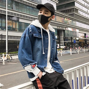 男式牛仔假两件破洞牛仔外套休闲个性潮流连帽夹克J图片