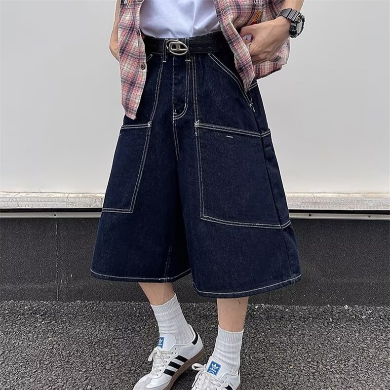 美式复古街头水洗阔腿牛仔裤刺绣白边设计七分裤短裤子夏季，男装牛仔裤，星座1210-1