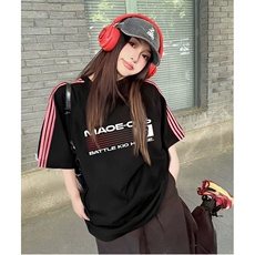抖音得物品质二开240克宽松纯棉美式潮牌印花三条杠中性风短袖T恤，男装T恤，电商A486-1