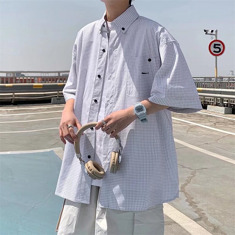 港风日系潮牌条纹格子衬衫男短袖宽松工装半袖衬衣外套C55,男装衬衫,星座1116A-1（原606A）