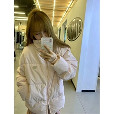 韩版辣妹粉色字母印花保暖棉服外套女冬季新款百搭棉衣立领面包服，男装夹克，星座506A