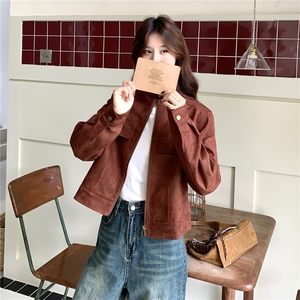 高级小众复古美式红色麂皮外套女春秋超火好看漂亮正肩短夹克上衣图片