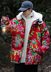 A1情侣装东北大花羊羔毛棉衣保暖防寒风汉服团队服可脱卸帽图片