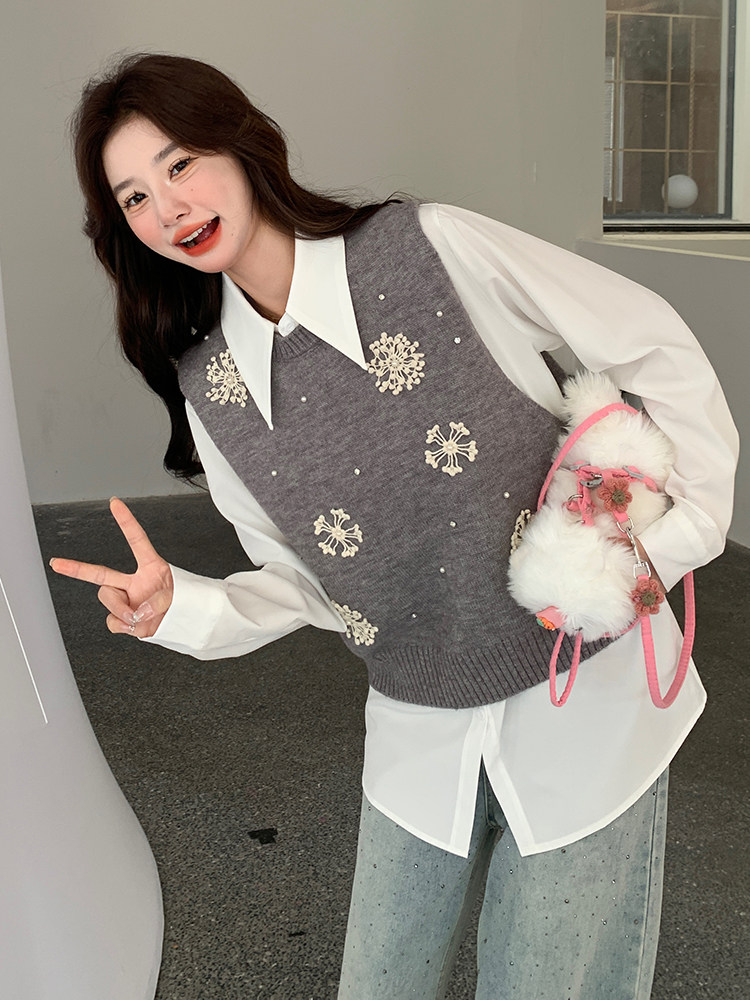 时尚设计感立体花朵针织马甲套装女2025春季小个子气质衬衫两件套,女装马甲,维壹