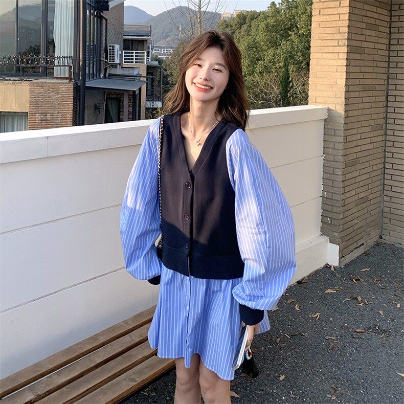 【现货】蓝色条纹马甲假两件连衣裙B208-9008-P145K208，女装连衣裙，浙宝208