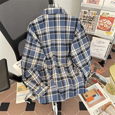复古街头格子长袖衬衫男宽松休闲百搭情侣外套C0157-P40，男装衬衫，星座308B-2