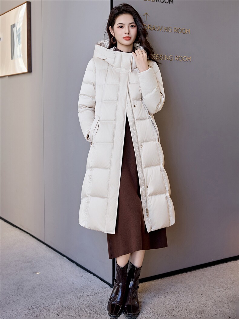 90鸭绒连帽羽绒服女2025冬季新款系带收腰加长款过膝棉袄外套,女装羽绒服,阿舍尔精品