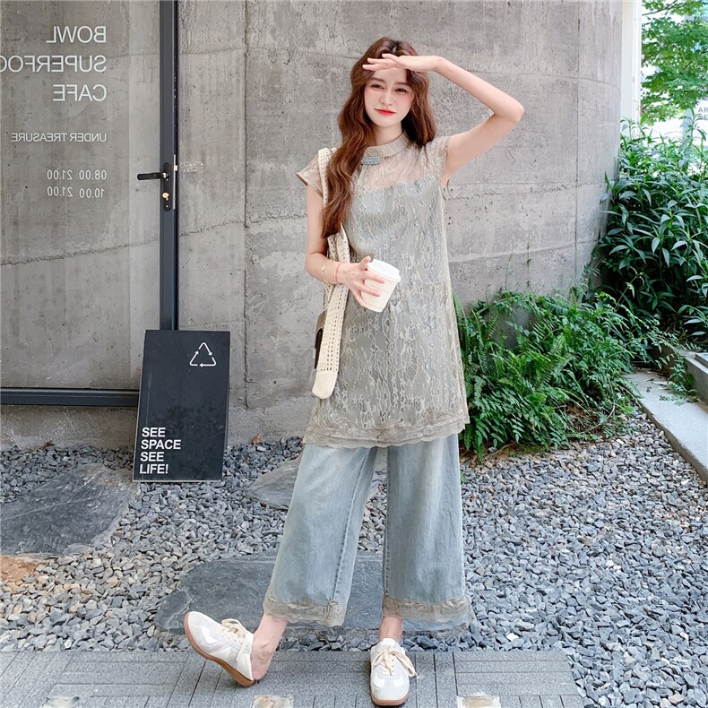 2025现货夏季新款蕾丝牛仔两件套套裤C271-9535-P175-K238,女装套装/套裙,2C271