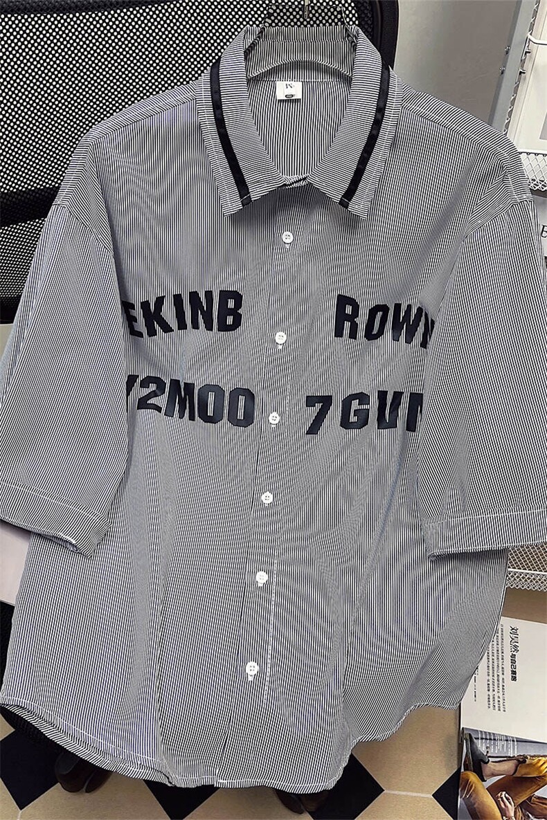 1中性竖条纹大码M-5XL日系港风情侣七分袖衬衫男QCS7018P45控68,男装衬衫,星座226-2