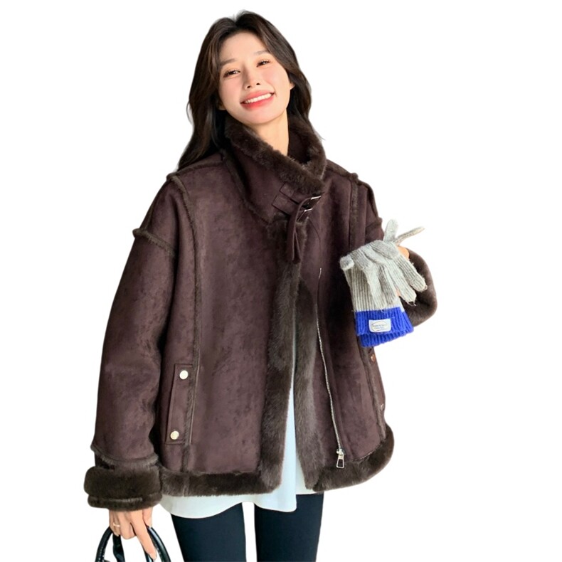咖色仿皮毛一体羊羔毛外套女秋冬2025新款韩系小个子加厚保暖棉服,女装皮草,2C218