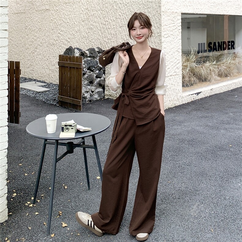 高级通勤风穿搭咖色马甲套装女2025春秋超火好看阔腿裤气质两件套,女装套装/套裙,维壹