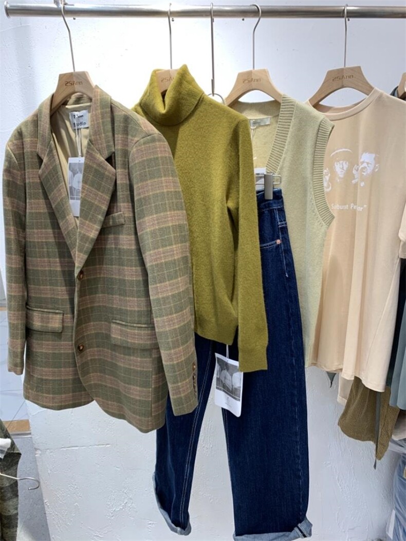 复古格子廓形西装外套，女装西装，25Ann·Studio