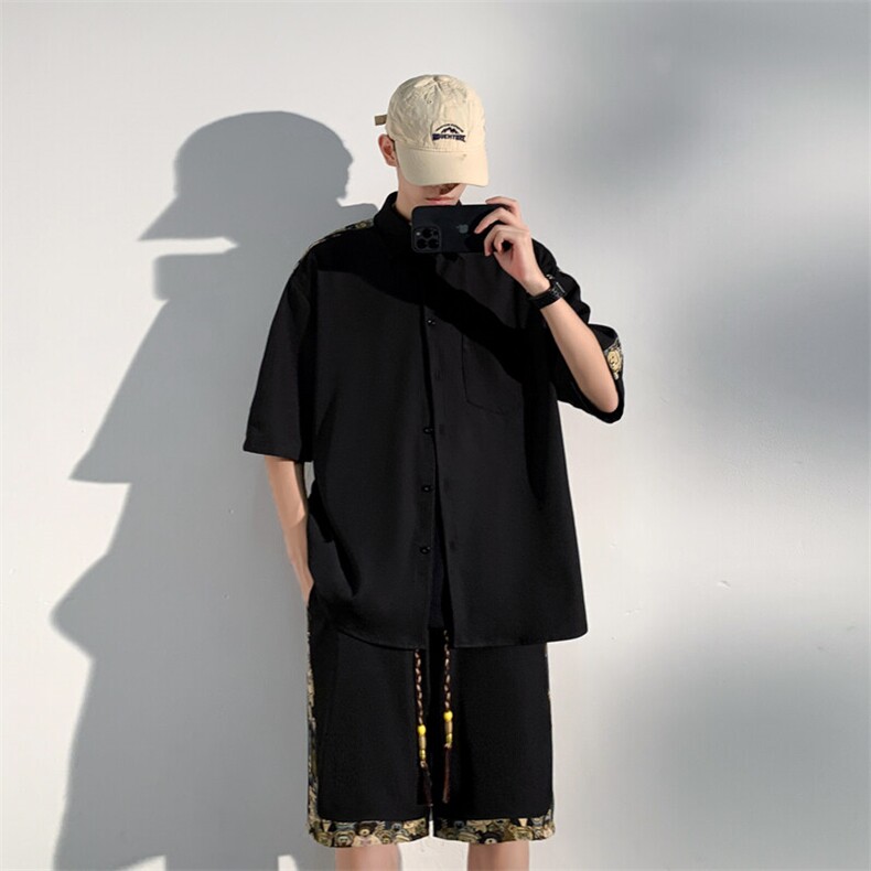 1小熊短袖衬衫男+短裤大码M-5XL套装92%聚酯纤维8%氨纶TZ77058P70,男装休闲套装,星座226-2
