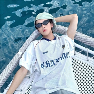 网络图现货  美式运动潮牌网眼透气印花拼色球衣短袖T恤JCT62-P45图片