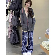 美式高街潮牌男女泡泡格子休闲裤直筒宽松慵懒显瘦阔腿休闲长裤子，男装休闲裤，电商A443