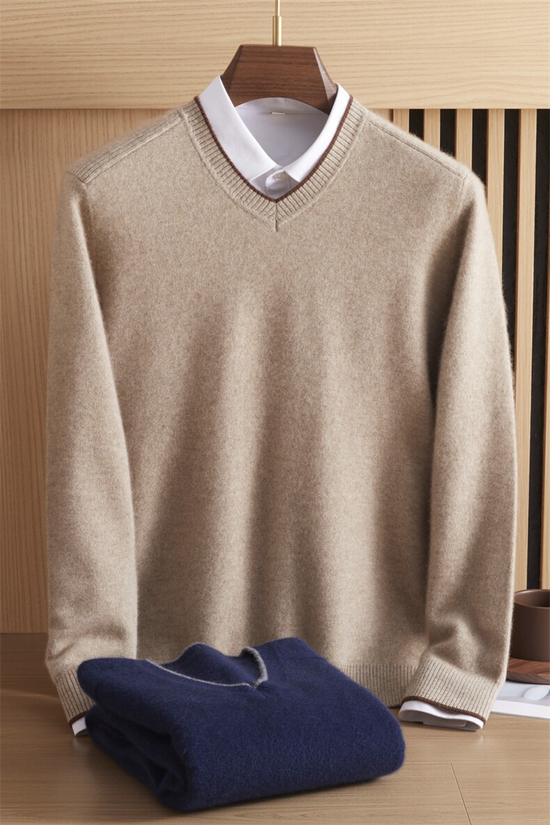 V领长袖羊绒男装毛衣纯色百搭厚圆领羊绒衫,男装羊绒套衫,绒誉暖羊绒