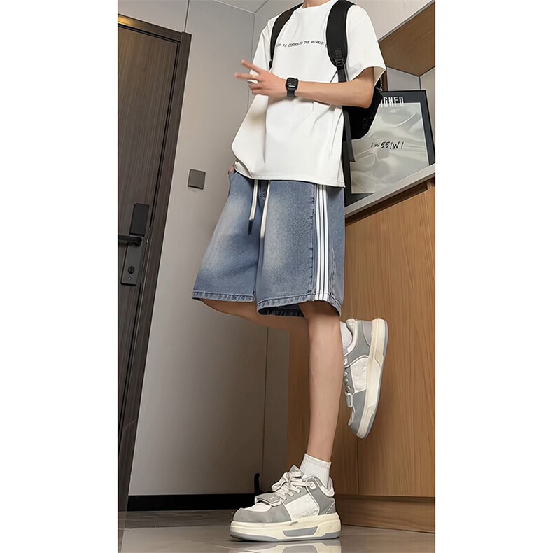 三条杠牛仔短裤男2025夏季新款休闲宽松五分裤子-A2053TP38控68,男装牛仔裤,电商B241