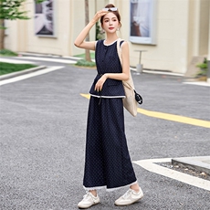 蕾丝花边拼接波点套装裤女2025夏季新款无袖马甲背心阔腿裤两件套，女装套装/套裙，沁沁公主