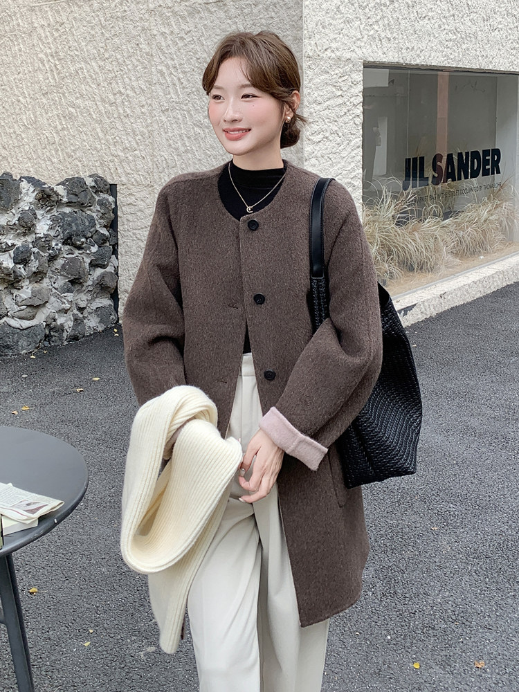 棕色轻熟风圆领双面羊绒大衣女2025冬新款复古宽松中长款毛呢外套,女装双面呢大衣,浙宝192（原082）