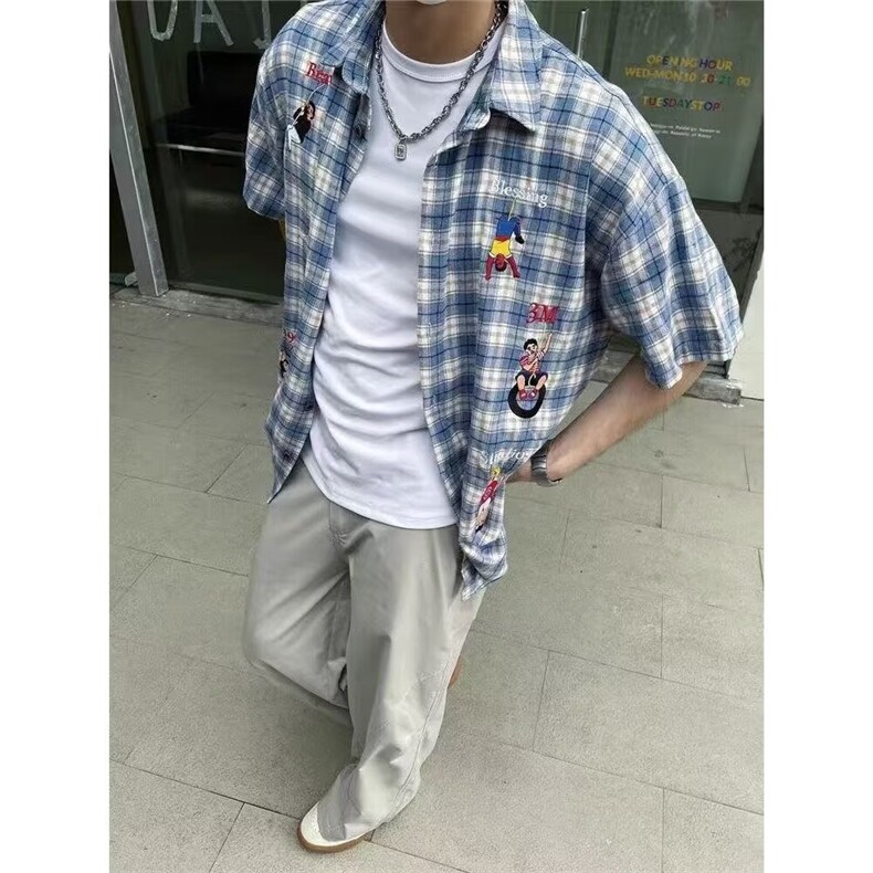 蓝色格子棉麻衬衫女夏季设计感木耳边甜美娃娃衫宽松泡泡短袖上衣,男装T恤,星座1210-1