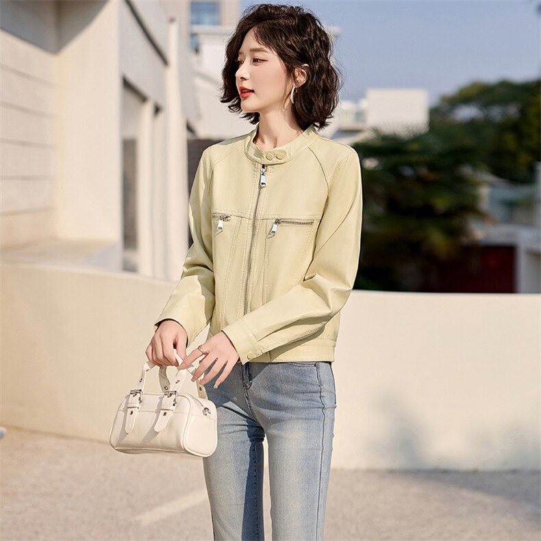 2025春季新款时尚皮衣外套女高级感显瘦短款机车夹克小个子上衣潮,女装皮衣,魅丽静蓝