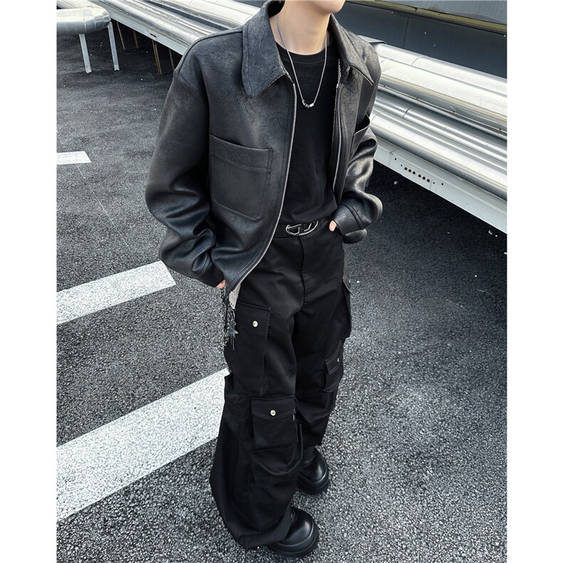 美式复古猎装皮衣外套霜冻裂纹千鸟格垫肩短款夹克潮JK08563-P83，男装皮衣，星座308B-2