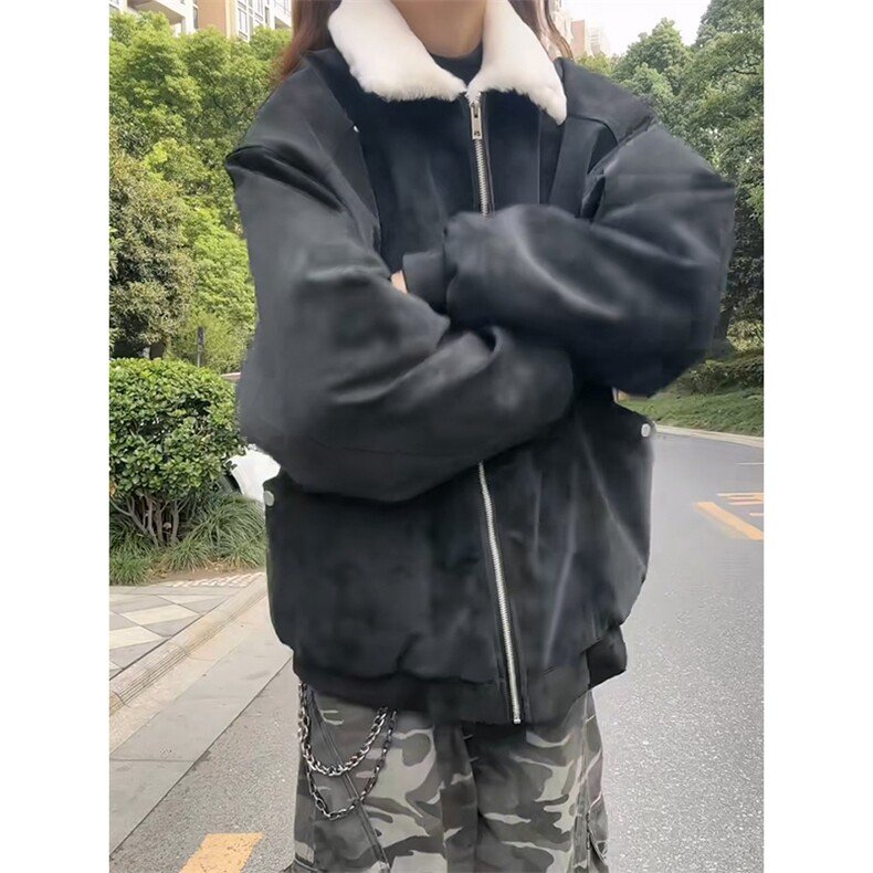 现货重磅硬挺boxy羽绒棉衣座山雕羊羔毛领洗水麂皮棉服冬外套,男装棉衣,电商A486-1