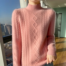 25秋冬100%纯羊毛衫女半高领菱形扭花加厚长袖毛衣宽松羊绒衫打底，女装羊毛衫，宇灿羊绒