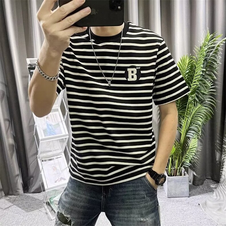 韩版短袖T恤男装夏季圆领贴标条纹打底上衣夏装ins半袖t恤修身衣,男装T恤,星座506A