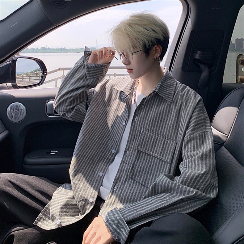 衬衫男秋季新款港风宽松大码立体口袋纯棉条纹长袖衬衣CS3099-P42，男装衬衫，星座214-3