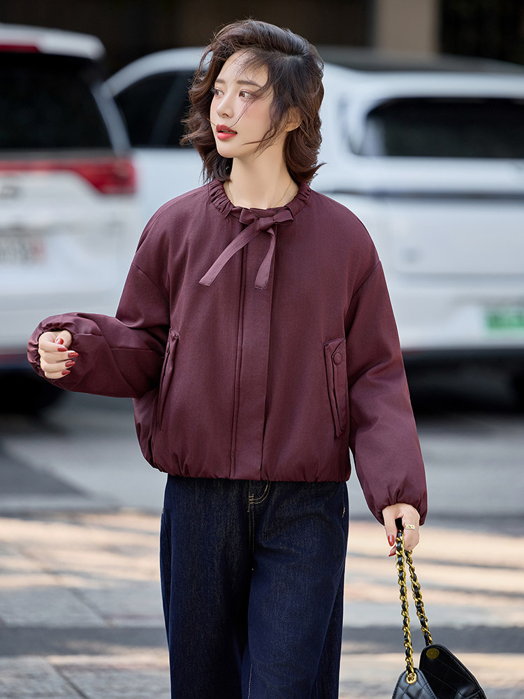 水衣源2798款纯色圆领飘带短款休闲宽松羽绒服女保暖外套,女装羽绒服,水衣源
