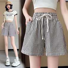 轻薄条纹冰丝阔腿短裤女夏季薄款高腰垂感宽松显瘦直筒休闲裤，女装短裤/热裤，梦白服饰厂