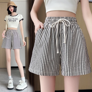 轻薄条纹冰丝阔腿短裤女夏季薄款高腰垂感宽松显瘦直筒休闲裤,女装短裤/热裤,梦白服饰厂