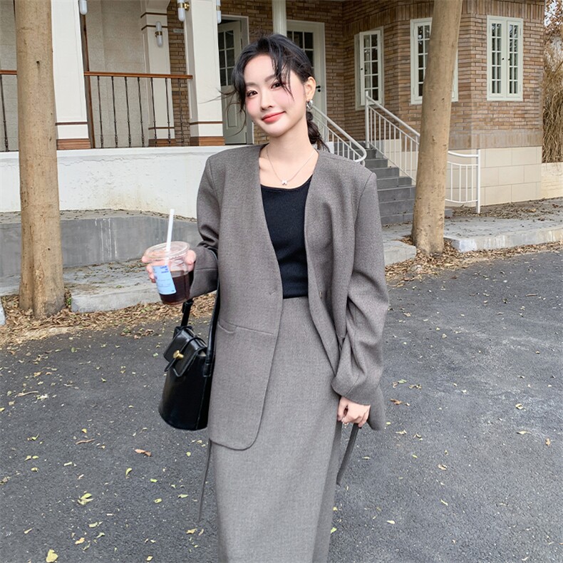 高级感轻熟风西装套装女2025秋新款优雅气质v领西服半身裙两件套,女装套装/套裙,2C108
