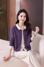 POLO领撞色假两件开衫，女装针织衫/毛衣，绒默