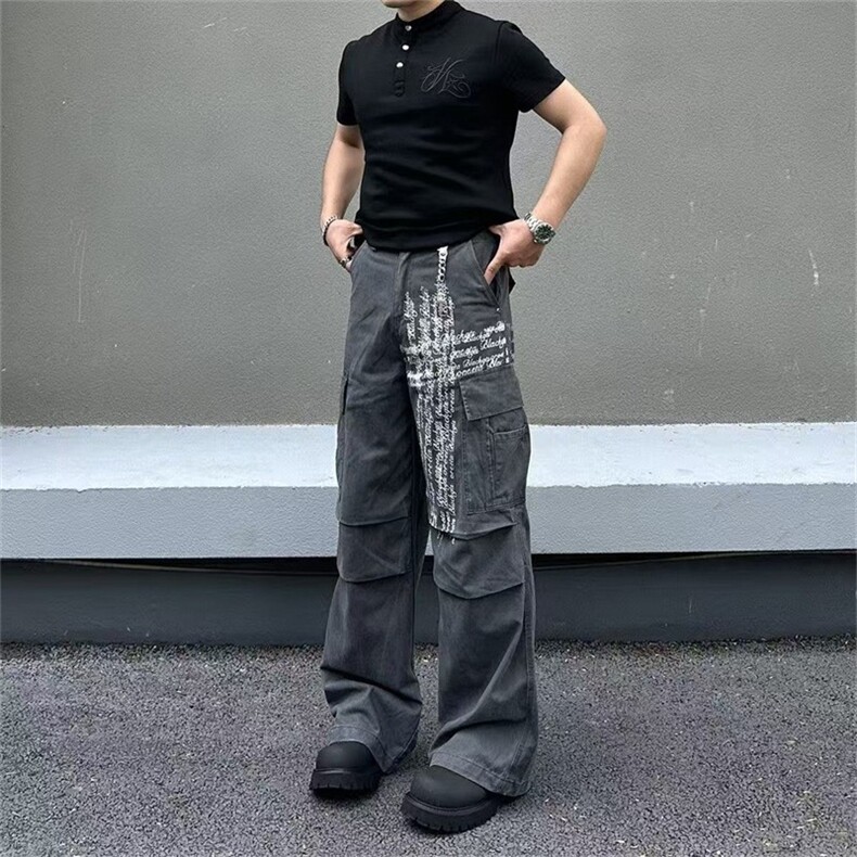 美式复古多口袋褶皱工装裤高街宽松直筒休闲长裤NB228-P60,男装工装外套,星座208-5