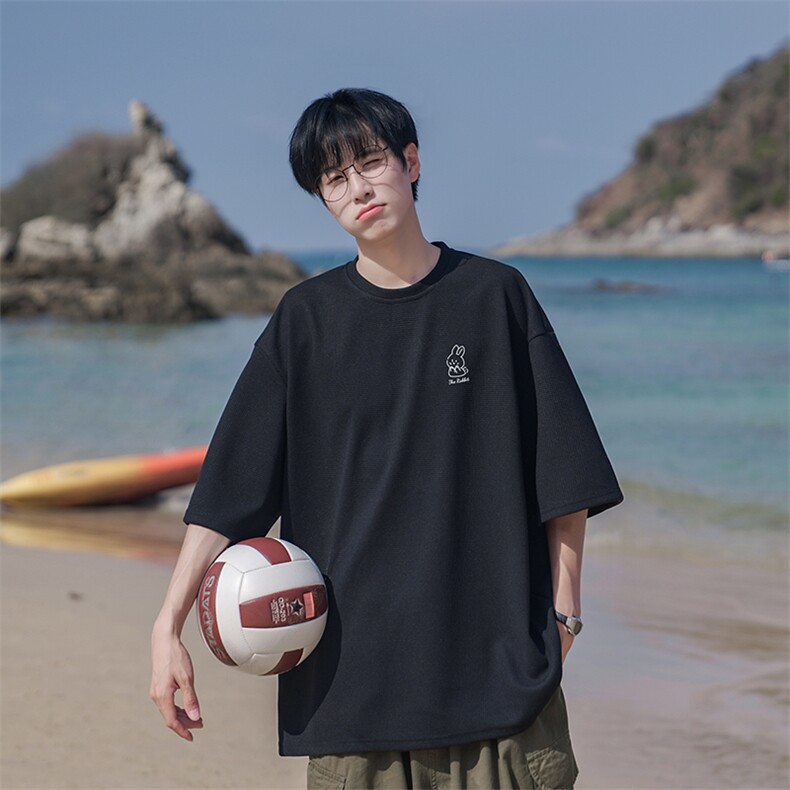 华夫格短袖男T恤潮流百搭青少年宽松休闲日系B225-T9235-P28-X39，男装T恤，电商B225