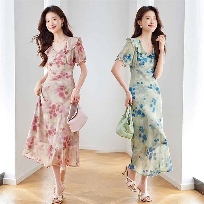 温柔气质碎花连衣裙女2025夏季新款荷叶边娃娃领洋气修身显瘦长裙,女装连衣裙,奕可儿